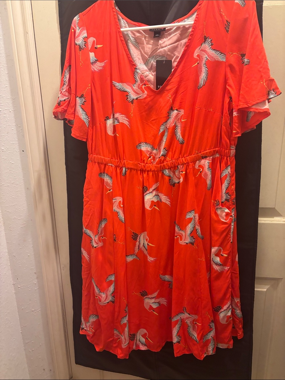 torrid Bright Red Crane-Print Flutter Midi Dress